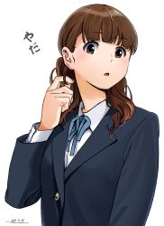 Rule 34 | 1girl, black jacket, blue ribbon, brown eyes, brown hair, collared shirt, dated, horikou, jacket, k-on!, long sleeves, looking at viewer, low twintails, neck ribbon, parted lips, ribbon, sanpaku, shirt, signature, simple background, solo, twintails, twirling hair, upper body, wakaouji ichigo, white background, white shirt, wing collar