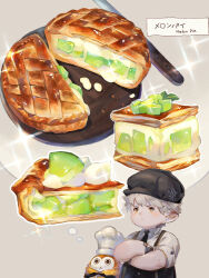 Rule 34 | 1boy, chef hat, commentary, cream, creature, crossed arms, crumbs, english commentary, final fantasy, final fantasy xiv, food, food focus, fruit, garnish, grey hair, hat, knife, lalafell, melon, melon slice, necktie, paissa, pie, pie slice, plate, pointy ears, short sleeves, sparkle, thought bubble, translation request, warrior of light (ff14), whipped cream, xioiri