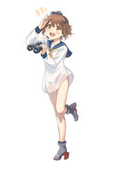 Rule 34 | 10s, 1girl, bad id, bad pixiv id, binoculars, blush, brown eyes, brown hair, dress, hair ornament, kantai collection, looking at viewer, open mouth, personification, sailor dress, school uniform, short hair, simple background, smile, solo, ume (plumblossom), white background, yukikaze (kancolle)