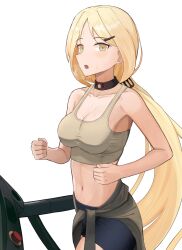 Rule 34 | 1girl, absurdres, armpits, bike shorts, blonde hair, blue shorts, breasts, clothes around waist, commentary, crop top, english commentary, exercising, gamryous, girls&#039; frontline, highres, jacket, jacket around waist, long hair, medium breasts, navel, open mouth, pp-2000 (girls&#039; frontline), running, shorts, solo, sports bra, sweat, treadmill, very long hair, white background, yellow eyes, yellow sports bra