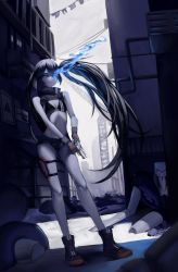 Rule 34 | 1girl, absurdres, asymmetrical hair, bikini, bikini top only, black bikini, black hair, black rock shooter: dawn fall, black rock shooter (character), black shorts, blue eyes, breasts, cleavage, closed mouth, contrapposto, flaming eye, floating hair, full body, gloves, grey gloves, gun, hair between eyes, handgun, highres, holding, holding gun, holding weapon, holster, long hair, micro shorts, midriff, outdoors, shorts, small breasts, solo, standing, stomach, swimsuit, thigh holster, very long hair, weapon, ya shuuuuuu
