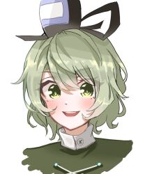 Rule 34 | 1girl, :d, black hat, commentary request, green eyes, green hair, hat, looking at viewer, open mouth, portrait, smile, soga no tojiko, solo, takana (forsterite), tate eboshi, teeth, touhou, upper teeth only