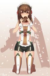 Rule 34 | 10s, 1girl, 2016, apron, bike shorts, blush, breasts, brown background, brown hair, brown thighhighs, candy, chocolate, chocolate heart, dangan neko, dated, eating, eyebrows, food, frilled apron, frills, garter belt, garter straps, gradient background, hair between eyes, hair ribbon, half-closed eyes, hands up, headgear, heart, heart lock (kantai collection), holding, holding food, kantai collection, kneeling, looking at viewer, maid headdress, petals, red ribbon, ribbon, shadow, sideboob, silhouette, small breasts, solo, striped clothes, striped thighhighs, taihou (kancolle), thighhighs, valentine, vertical-striped clothes, vertical-striped thighhighs, white background, white thighhighs, wrist cuffs
