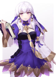 Rule 34 | 1girl, border, breasts, cleavage, closed mouth, cowboy shot, dress, fire emblem, fire emblem: three houses, gradient background, grey background, highres, holding, long hair, long sleeves, lysithea von ordelia, medium breasts, nintendo, pantyhose, pink eyes, pleated dress, purple dress, shinae, short dress, shrug (clothing), silver hair, smile, solo, standing, white border, white pantyhose