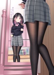 Rule 34 | &gt;:(, 1girl, black hair, black pantyhose, black shirt, blush, closed mouth, clothing cutout, commentary request, fine fabric emphasis, frown, grey skirt, gurande (g-size), highres, indoors, long sleeves, mirror, multicolored hair, original, pantyhose, parted bangs, pink hair, plaid, plaid skirt, pleated skirt, puffy long sleeves, puffy sleeves, red eyes, reflection, shirt, shoulder cutout, skirt, sleeves past wrists, solo, standing, streaked hair, translation request, twintails, v-shaped eyebrows