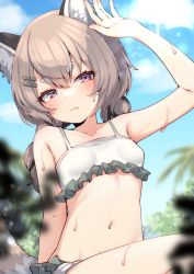 Rule 34 | absurdres, animal ear fluff, animal ears, arms up, beach, bikini, blurry, blurry foreground, braid, breasts, brown hair, day, frilled bikini, frills, hair ornament, hairclip, half-closed eyes, highres, komachi panko, light rays, navel, phase connect, pink eyes, red panda ears, red panda girl, red panda tail, sky, small breasts, sunbeam, sunlight, swimsuit, twin braids, valefal coneri, virtual youtuber, water drop, wet, white bikini