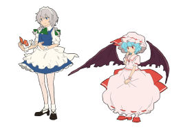 Rule 34 | 2girls, bat wings, blue eyes, blue hair, braid, card, child, floating card, female focus, finger to mouth, floating card, full body, hat, holding, holding card, izayoi sakuya, maid, maid headdress, matsutani, multiple girls, playing card, red eyes, remilia scarlet, silver hair, simple background, standing, thighhighs, touhou, twin braids, white background, wings, wrist cuffs