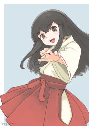 Rule 34 | absurdres, akagi (kancolle), brown eyes, brown hair, commentary request, cowboy shot, foreshortening, grey background, hakama, hakama skirt, highres, hip vent, japanese clothes, kantai collection, long hair, one-hour drawing challenge, reaching, reaching towards viewer, red hakama, skirt, smile, straight hair, toplow