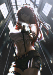 Rule 34 | 1girl, absurdres, aiming, aiming at viewer, bandeau, bare shoulders, black hair, breasts, fingerless gloves, gloves, grey eyes, gun, hair over one eye, highres, holding, holding gun, holding weapon, impossible clothes, impossible shirt, lain paterson, lain paterson (1st costume), large breasts, looking down, midriff, multicolored hair, navel, nijisanji, parted lips, ponytail, red hair, shirt, short shorts, shorts, skindentation, solo, streaked hair, suspender shorts, suspenders, teeth, thigh strap, virtual youtuber, weapon, yosihito