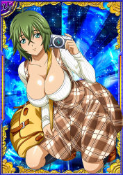 Rule 34 | 00s, 1girl, bare legs, breasts, card (medium), dress, female focus, green hair, ikkitousen, kyocho chuukou, large breasts, looking at viewer, shiny skin, shoes, short hair, solo