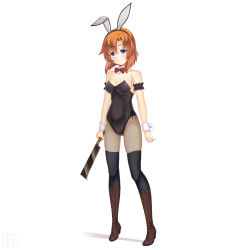 Rule 34 | 1girl, absurdres, animal ears, black leotard, black pantyhose, blue eyes, boots, bow, bowtie, breasts, brown footwear, cleavage, commentary request, cross-laced footwear, detached collar, empty eyes, fishnet thighhighs, fishnets, full body, highres, higurashi no naku koro ni, lace-up boots, leotard, looking at viewer, medium breasts, orange hair, pantyhose, playboy bunny, rabbit ears, rabbit tail, red bow, red bowtie, ryuuguu rena, sainohikari, short hair, simple background, standing, strapless, strapless leotard, tail, thighhighs, white background, wrist cuffs, yandere