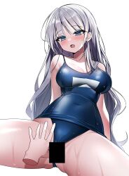 Rule 34 | 1girl, absurdres, bare shoulders, blue eyes, blue one-piece swimsuit, blush, breasts, censored, chimyo, clothes pull, commission, covered navel, disembodied hand, fang, grey hair, highres, large breasts, long hair, name tag, one-piece swimsuit, one-piece swimsuit pull, open mouth, original, pulling another&#039;s clothes, school swimsuit, simple background, skin fang, solo focus, spread legs, swimsuit, tearing up, tears, wet, white background