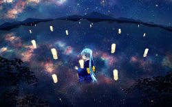 Rule 34 | 1girl, agent no.9, aquarius (constellation), blue hair, capricorn (constellation), constellation, galaxy, hatsune miku, highres, japanese clothes, kimono, lake, lampion, lantern, lantern on liquid, libra (constellation), long hair, long sleeves, looking at viewer, milky way, mountain, night, night sky, obi, paper lantern, partially submerged, reflection, sagittarius (constellation), sash, scorpius (constellation), sky, solo, star (sky), starry sky, tree shade, twintails, virgo (constellation), vocaloid, wide sleeves
