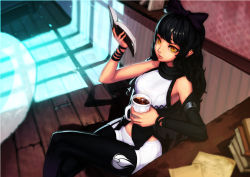 Rule 34 | 1girl, absurdres, bad id, bad pixiv id, black hair, blake belladonna, book, bow, crossed legs, cup, hair bow, highres, long hair, open book, pantyhose, pantyhose under shorts, pjman, reading, rwby, shorts, solo, yellow eyes