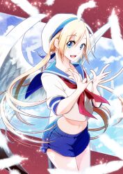 Rule 34 | 1girl, bad hands, bird wings, blonde hair, blue eyes, blue shorts, falling feathers, feathers, hat, long hair, meguri1032, midriff, multicolored hair, navel, neckerchief, open mouth, original, red neckerchief, sailor collar, sailor hat, shirt, shorts, solo, teeth, two-tone hair, upper teeth only, very long hair, white hat, white shirt, white wings, wings