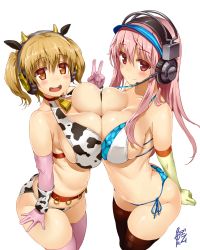 Rule 34 | 2girls, animal ears, animal print, ass, bell, bikini, black legwear, blonde hair, blush, breast press, breasts, brown legwear, butt crack, cleavage, collarbone, colored eyelashes, cosplay, cow ears, cow horns, cow print, cowbell, curvy, elbow gloves, gloves, green gloves, headphones, headset, highres, horns, idolmaster, idolmaster cinderella girls, large breasts, long hair, looking at viewer, md5 mismatch, multiple girls, nitroplus, nitta minami, nitta minami (cosplay), oikawa shizuku, oikawa shizuku (cosplay), open mouth, orange eyes, pink eyes, pink gloves, pink hair, pink legwear, short hair, side-tie bikini bottom, simple background, smile, super pochaco, super sonico, swimsuit, symmetrical docking, thighhighs, twintails, uo denim, v, visor cap, white background, wide hips, yuri
