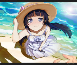 Rule 34 | 1girl, beach, black hair, blunt bangs, blush, day, dress, face, foreshortening, from above, gokou ruri, hand on headwear, hat, kazufumi (kaz-newt), lens flare, letterboxed, long hair, looking up, mole, mole under eye, ore no imouto ga konna ni kawaii wake ga nai, outdoors, perspective, pov, rosary, shadow, smile, solo focus, spoilers, sun hat, sundress, wind