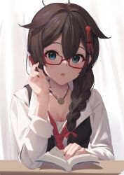 Rule 34 | 1girl, :o, absurdres, ahoge, black vest, blue eyes, blush, book, braid, breasts, brown hair, cleavage, glasses, hair flaps, hair ornament, hand up, highres, holding, holding pen, jewelry, kantai collection, kokenashi, long hair, long sleeves, looking at viewer, necklace, necktie, parted lips, pen, rectangular eyewear, red-framed eyewear, red necktie, semi-rimless eyewear, shigure (kancolle), shigure kai ni (kancolle), shirt, solo focus, table, under-rim eyewear, vest, white shirt