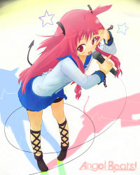 Rule 34 | 1girl, angel beats!, ankle lace-up, blue skirt, cross-laced footwear, cuffs, emblem, full body, hair ornament, highres, holding, key (company), leg ribbon, long hair, long sleeves, looking at viewer, microphone, music, open mouth, pink eyes, pink hair, ribbon, rutinium, school uniform, serafuku, shirt, simple background, singing, skirt, sleeve cuffs, solo, star (symbol), tail, thigh strap, twintails, v, very long hair, white shirt, yui (angel beats!)