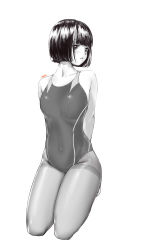 Rule 34 | 1girl, absurdres, arms behind back, artist name, bare arms, bare shoulders, blunt bangs, blush, bob cut, breasts, collarbone, competition swimsuit, covered navel, full body, greyscale, highres, kneeling, looking away, looking to the side, medium breasts, monochrome, muto (uadocjon 21), one-piece swimsuit, original, pantyhose, pantyhose under swimsuit, parted lips, simple background, skin tight, solo, spot color, swimsuit, thighband pantyhose, white background