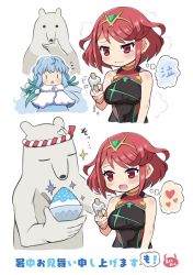 Rule 34 | 2girls, bear, black one-piece swimsuit, breasts, chest jewel, competition swimsuit, food, highres, ice cream, large breasts, ma2acworks, multiple girls, one-piece swimsuit, polar bear, pyra (pro swimmer) (xenoblade), pyra (xenoblade), red eyes, red hair, red one-piece swimsuit, short hair, swept bangs, swimsuit, two-tone swimsuit, ursula (xenoblade), xenoblade chronicles (series), xenoblade chronicles 2
