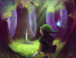 Rule 34 | 1boy, blonde hair, fairy, forest, from behind, grass, left-handed, link, male focus, master sword, nature, navi, nintendo, pointy ears, shield, signature, steven donegani, sword, the legend of zelda, tree, weapon