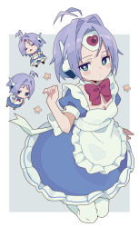 1girl android antenna_hair apron aqua_eyes blue_dress blue_sailor_collar blue_skirt bow bowtie chibi dress expressionless forehead_jewel frilled_apron frilled_dress frills gem hair_intakes heart heart-shaped_pupils highres looking_at_viewer maid maid_apron multiple_views pantyhose pink_bitch_club pleated_skirt puffy_short_sleeves puffy_sleeves purple_hair red_bow red_bowtie red_gemstone robot_ears sailor_collar school_uniform serafuku short_hair short_sleeves simple_background skirt star_(symbol) symbol-shaped_pupils vyt-24 white_apron white_pantyhose yoshida_makura