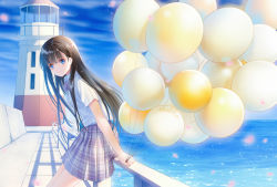 Rule 34 | 1girl, bad id, bad pixiv id, balloon, blue eyes, blue sky, blush, brown hair, closed mouth, collared shirt, commentary request, day, haneru, horizon, lighthouse, long hair, looking at viewer, looking to the side, ocean, original, outdoors, plaid, plaid skirt, pleated skirt, railing, school uniform, shirt, skirt, sky, smile, solo, very long hair, water, white shirt, white skirt