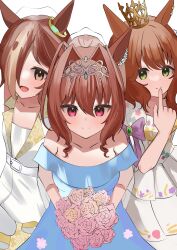 Rule 34 | 3girls, absurdres, aston machan (haute couture memory) (umamusume), aston machan (umamusume), bare shoulders, bouquet, bow, brown hair, closed mouth, daiwa scarlet (something blue) (umamusume), daiwa scarlet (umamusume), dress, ear ornament, finger to mouth, flower, green eyes, hair intakes, hair ornament, hair over one eye, highres, holding, holding bouquet, horse girl, looking at viewer, multicolored hair, multiple girls, official alternate costume, open mouth, pink bow, red hair, smile, streaked hair, umamusume, veil, vodka (heart ignition!!) (umamusume), vodka (umamusume), wedding dress, white dress, white hair, yokawa nagi