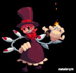 Rule 34 | 1girl, animated, animated gif, artist name, boots, bow, child, dress, extra eyes, eye socket, female focus, george the bomb, gloves, grin, hat, lowres, mechanical arms, orange hair, outta sync, peacock (skullgirls), pixel art, red eyes, sharp teeth, skullgirls, smile, solo, standing, teeth, top hat, transparent background