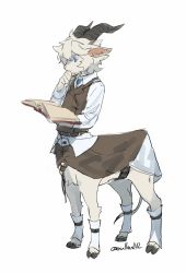 Rule 34 | 1boy, animal ears, blue eyes, book, brooch, brown vest, centauroid, closed mouth, collared shirt, from side, furry, furry male, goat ears, goat horns, hand up, highres, holding, holding book, horizontal pupils, horns, jewelry, long sleeves, male focus, mullmull02, original, reading, shirt, signature, simple background, solo, standing, tail, taur, vest, white background, white shirt, wing collar