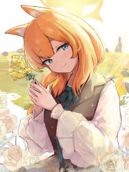 Rule 34 | 1girl, animal ear fluff, animal ears, blue archive, blue eyes, blue ribbon, closed mouth, commentary request, flower, halo, highres, holding, holding flower, long hair, looking at viewer, mari (blue archive), neck ribbon, orange hair, ribbon, rose, ryh4, smile, sunlight, white flower, white rose, yellow flower, yellow halo