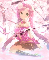 Rule 34 | 10s, 1girl, absurdres, bare legs, boots, braid, branch, breasts, cherry blossoms, frilled skirt, frills, green eyes, hand on own chest, highres, in water, large breasts, long hair, love live!, love live! school idol festival, love live! school idol project, low twintails, purple hair, ribbon, shouma (1026syoma), sitting, skirt, sleeveless, smile, solo, sparkle, tojo nozomi, twintails, water