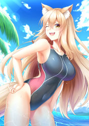 Rule 34 | 1girl, :d, animal ear fluff, animal ears, arm at side, bare arms, blonde hair, blue sky, breasts, cloud, commentary request, competition swimsuit, covered navel, day, eyes visible through hair, fangs, fate/grand order, fate (series), fox ears, hair between eyes, hand on own hip, highres, large breasts, leaning forward, legs apart, long hair, looking at viewer, ocean, one-piece swimsuit, open mouth, outdoors, palm tree, sky, smile, solo, standing, sunlight, suzuka gozen (fate), swimsuit, tree, very long hair, water, wet, yuunagi (0217)