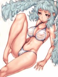 Rule 34 | 1girl, arm support, bare shoulders, barefoot, bikini, breasts, cameltoe, cleavage, feet, fumio (rsqkr), groin, large breasts, long hair, messy hair, navel, original, see-through, sketch, solo, striped bikini, striped clothes, swimsuit, twintails