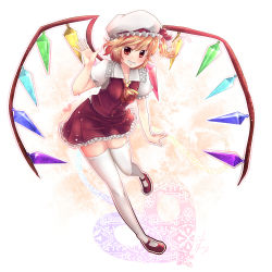 Rule 34 | 1girl, blonde hair, blush, embodiment of scarlet devil, female focus, flandre scarlet, frills, grin, hat, isuka, leg up, legs, mary janes, ponytail, red eyes, shoes, short hair, side ponytail, skirt, smile, solo, thighhighs, touhou, waving, white thighhighs, wings, zettai ryouiki