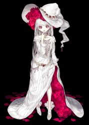 Rule 34 | 1girl, absurdres, arm at side, black background, breasts, choker, collarbone, diamond (shape), dress, eyebrows, eyelashes, finger to mouth, flower, full body, hat, highres, legs apart, long hair, long sleeves, looking at viewer, original, ozyako, pink eyes, pink flower, shoes, side slit, simple background, small breasts, solo, standing, straight hair, striped clothes, striped dress, vertical-striped clothes, vertical-striped dress, very long hair, white dress, white footwear, white hat, white theme, wizard hat