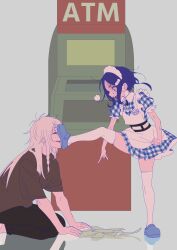 Rule 34 | 1boy, 1girl, absurdres, angry, atm, bad id, bad twitter id, banknote, black shirt, blue dress, blue eyes, blue footwear, blue hair, closed eyes, collared dress, commentary request, dress, foot on another&#039;s face, full body, grey background, highres, king of prism by prettyrhythm, leg up, long hair, maid, maid headdress, money, open mouth, plaid, plaid dress, pointing, pointing down, pretty rhythm, pretty series, profile, rinne (pretty rhythm), scolding, shine (pretty series), shirt, shoes, short hair, short sleeves, sitting, smile, standing, white hair, wide-eyed, zashima