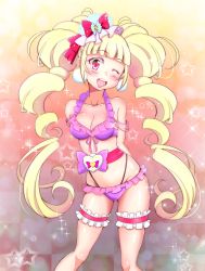Rule 34 | 10s, 1girl, ;d, aisaki emiru, alternate costume, arms behind back, bikini, blonde hair, blunt bangs, blush, breasts, bridal garter, checkered background, cleavage, commentary request, cure macherie, frilled bikini, frills, gradient background, hair ornament, highres, hugtto! precure, kaatsu katsurou, long hair, looking at viewer, magical girl, medium breasts, one eye closed, open mouth, pink bikini, precure, red eyes, smile, solo, sparkle, standing, star (symbol), starry background, swimsuit, twintails, very long hair