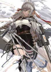 Rule 34 | 1girl, arknights, artist name, black skirt, blouse, boots, breasts, brown cape, brown footwear, cape, closed mouth, fartooth (arknights), feather hair, feet out of frame, gauntlets, green eyes, grey hair, hair ribbon, highres, holding, holding weapon, long hair, looking at viewer, parted lips, quiver, ribbon, shinoda giri, shirt, skirt, solo, standing, thigh boots, thighhighs, visor (armor), weapon, white shirt