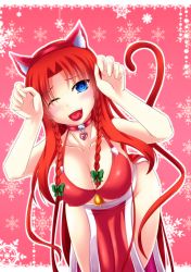 Rule 34 | 1girl, animal ears, bell, blue eyes, blush, bow, braid, breasts, cat ears, cat tail, cleavage, fang, hakomaru (pandora box), heart, highres, hong meiling, large breasts, long hair, one eye closed, open mouth, pandora (angelfeather-heart), paw pose, red hair, solo, tail, touhou, twin braids, very long hair, wink