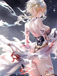 Rule 34 | 1girl, ass, bare back, blonde hair, blood, blood on clothes, blood on face, blood on leg, breasts, closed mouth, commentary request, flower, genshin impact, hair flower, hair ornament, highres, injury, large breasts, looking at viewer, lumine (genshin impact), pottsness, scarf, short hair with long locks, shoulder blades, sidelocks, sideways glance, solo, standing, thighs, torn clothes, white scarf, yellow eyes