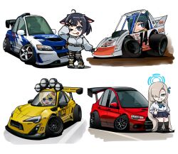 Rule 34 | 4girls, absurdly long hair, absurdres, animal ears, asuna (blue archive), black choker, black eyes, black gloves, black shorts, black thighhighs, blonde hair, blue archive, blue bow, blush, bow, breasts, car, cat ears, cat girl, character request, chest harness, chibi, choker, collared shirt, commentary, commission, copyright request, cow ears, cow girl, dirt, english commentary, fingerless gloves, gloves, hair over one eye, halo, harness, highres, holeecrab, long hair, looking at viewer, medium breasts, mitsubishi lancer evolution, mitsubishi motors, motor vehicle, multiple girls, need for speed, need for speed: most wanted (2005), one eye closed, one eye covered, race vehicle, racecar, shadow, shirt, shorts, smile, spoiler (automobile), stance (vehicle), thighhighs, tongue, tongue out, toyota, toyota 86, v, v-shaped eyebrows, vehicle focus, very long hair, white background, white shirt