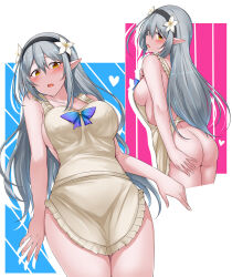 1girl apron ass backboob black_hairband blue_bow bow breasts brown_eyes collarbone elf flower frilled_apron frills grey_hair hair_flower hair_ornament hairband heart highres large_breasts looking_at_viewer looking_back multiple_views naked_apron open_mouth original pointy_ears standing thighs tongue vellark yellow_apron