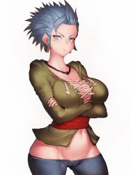 Rule 34 | 1girl, blue eyes, blue hair, breasts, cameltoe, camus (dq11), cleavage, crossed arms, dragon quest, dragon quest xi, earrings, fumio (rsqkr), gender request, genderswap, groin, jewelry, large breasts, looking at viewer, lowleg, midriff, navel, necklace, pants, short hair, solo, thighs, tight clothes, tight pants