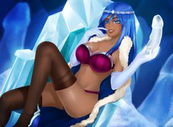 Rule 34 | blue eyes, blue hair, bra, crown, dildo, eira (fap ceo), fap ceo, fur collar, gloves, ice, panties, sex toy, shoes, socks, underwear