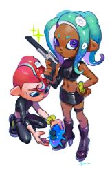 Rule 34 | 1boy, 1girl, agent 8 (splatoon), aqua hair, ayumi (830890), black footwear, black pants, blue eyes, boots, c.q. cumber (splatoon), closed mouth, dark skin, full body, hand on own hip, high heel boots, high heels, highres, holding, horizontal pupils, legs apart, long hair, long sleeves, mohawk, n-zap (splatoon), navel, nintendo, octoling, octoling girl, octoling player character, open mouth, pants, purple eyes, red hair, sea cucumber, short hair, signature, simple background, single sleeve, sparkle, splatoon (series), splatoon 2, splatoon 2: octo expansion, standing, suction cups, tentacle hair, white background, wristband, zipper, zipper pull tab