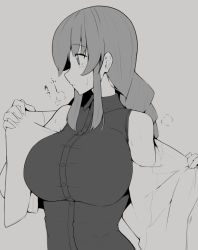 Rule 34 | 1girl, bare shoulders, braid, breasts, greyscale, jacket, unworn jacket, kantai collection, large breasts, long hair, looking to the side, monochrome, noshiro (kancolle), reta su gohan, sweat, swept bangs, white background