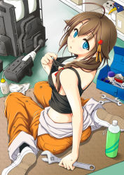 Rule 34 | 1girl, adjusting clothes, ahoge, artist request, blue eyes, bottle, braid, breasts, brown hair, cleavage, commentary request, cosplay, downblouse, failure penguin, from above, full body, hair flaps, hair ornament, hair over shoulder, head tilt, holding, kantai collection, long hair, medium breasts, midriff, miss cloud, no bra, oil, pants, remodel (kantai collection), shelf, shigure (kancolle), single braid, sitting, solo, stuffed animal, stuffed penguin, stuffed toy, sweat, tank top, toolbox, turret, wariza, water bottle, worktool, wrench, yammy y, yuubari (kancolle), yuubari (kancolle) (cosplay)
