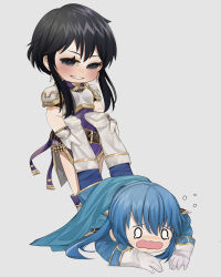 Rule 34 | 1boy, 1girl, absurdres, armor, black hair, blue eyes, blue hair, blush, boots, cape, chibi, crying, crying with eyes open, dragging, earrings, fire emblem, fire emblem: genealogy of the holy war, grey background, highres, holding legs, jewelry, larcei (fire emblem), lindyspotato, long hair, nintendo, pauldrons, seliph (fire emblem), shoulder armor, simple background, smile, tears